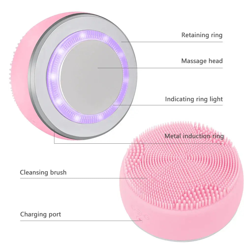 Pink facial cleansing brush with labeled components and LED light ring.