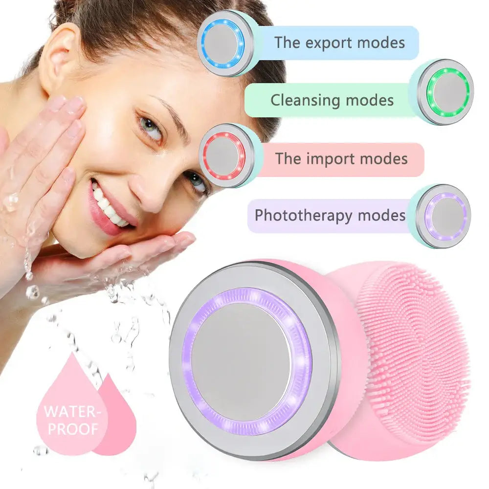 Facial cleansing brush with multiple modes and LED lights.