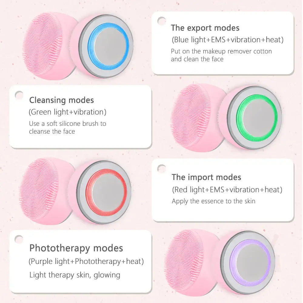 Facial cleansing and skincare device with multiple modes indicated by colored lights.