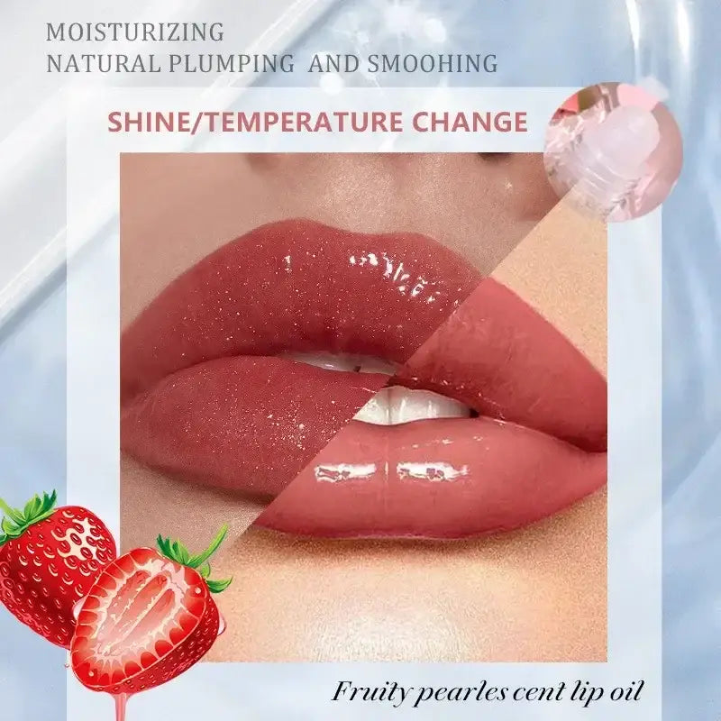 Glossy, plump lips with a deep red color and shiny finish.