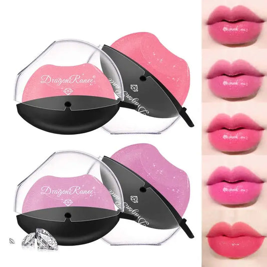 Pink lip gloss or lip balm product in a round compact container.