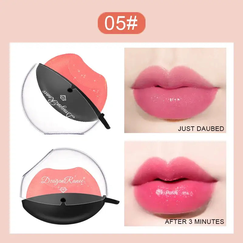 Lip color compact with before and after lip application photos.