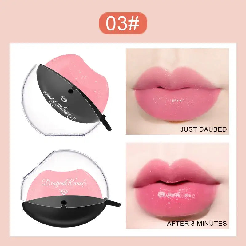 Compact makeup case with pink lip color and before/after lip application photos.