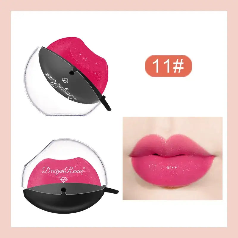 Lip-shaped stamp device for applying lipstick or lip color.