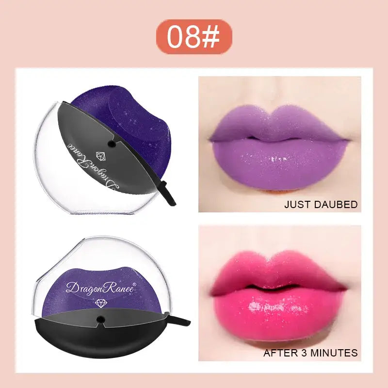 Lipstick compact with purple and pink color-changing effects shown on lips.