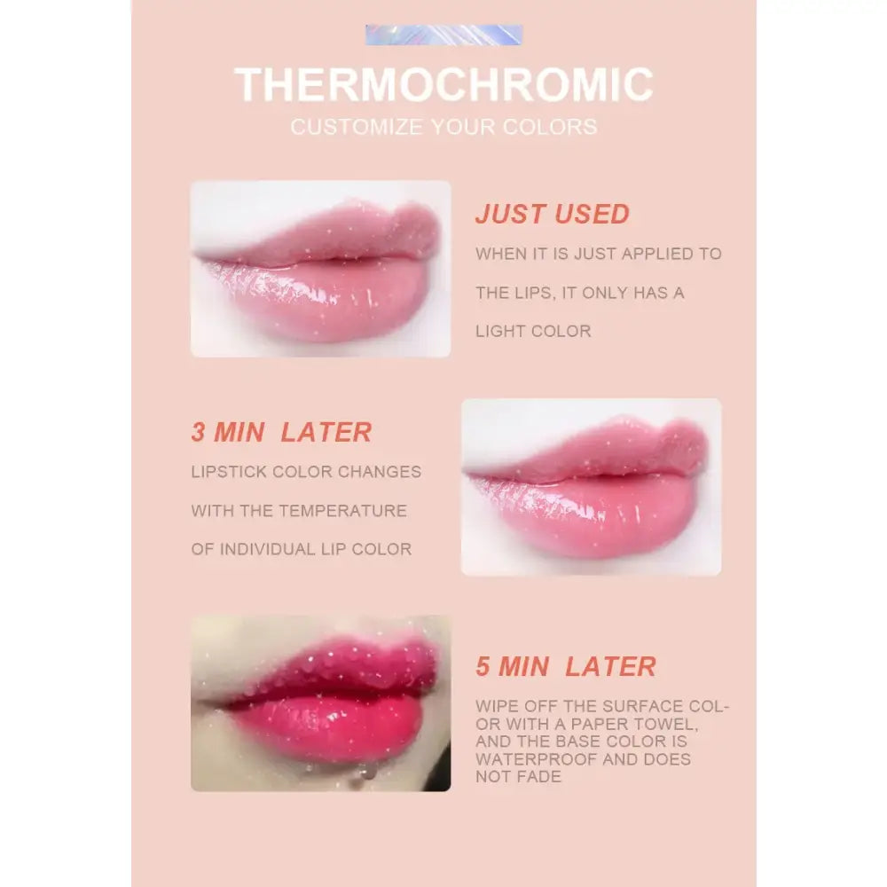 Thermochromic lipstick demonstrating color changes over time.