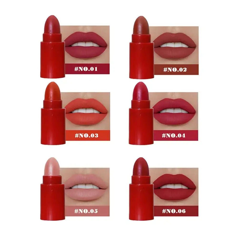 Collection of red lipsticks with corresponding lip swatches showing different shades.