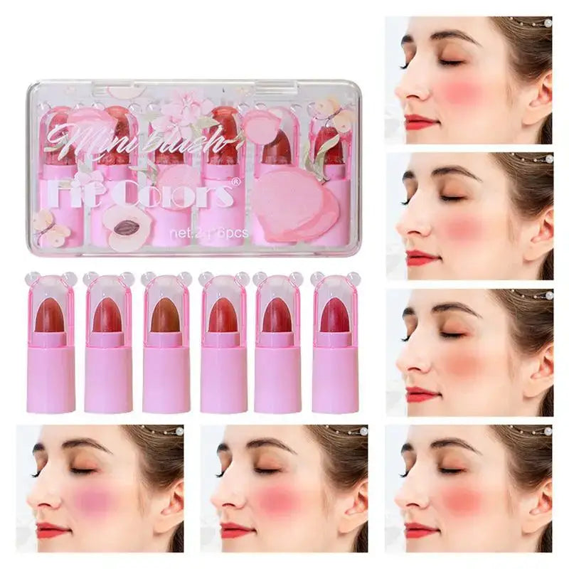 Pink makeup blush stamp set with applicators and demonstration photos.