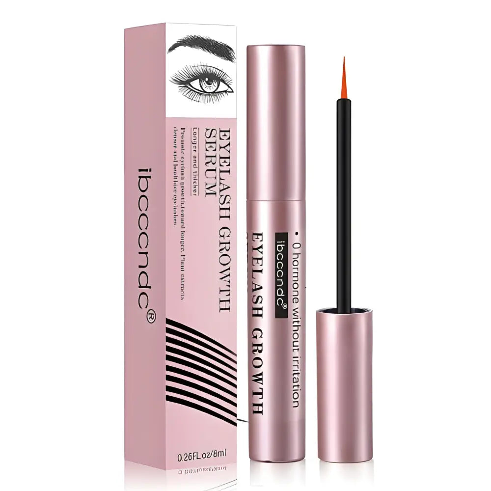 Eyelash growth serum in a pink metallic tube with packaging.