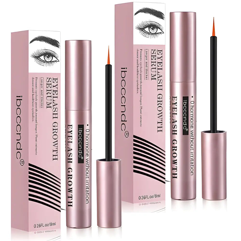 Eyelash growth serum in pink metallic tubes with packaging.