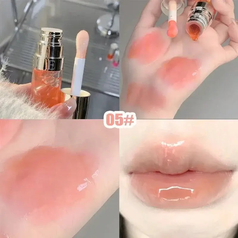 Lip gloss or liquid lipstick product with swatches showing its color and application.