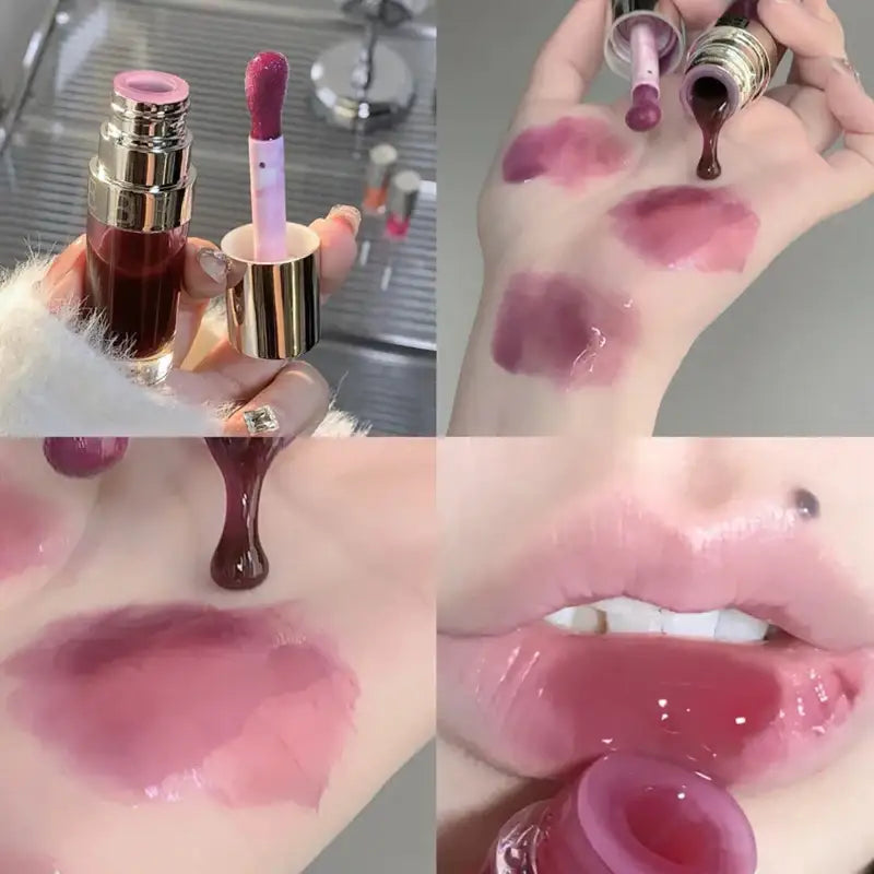 Lip gloss or liquid lipstick being swatched and applied.