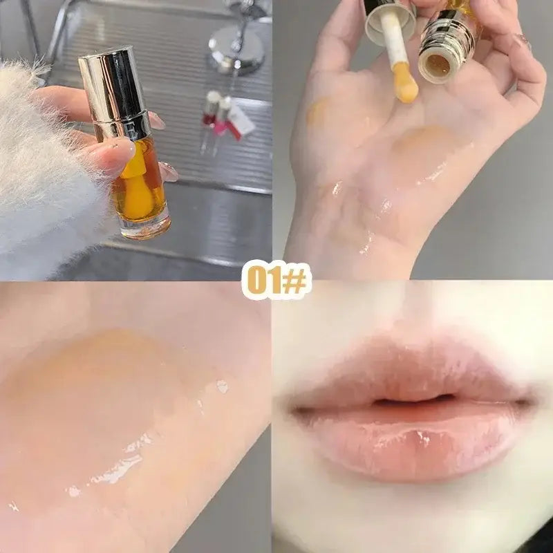 Yellow nail polish or cuticle oil being applied and demonstrated on skin and lips.