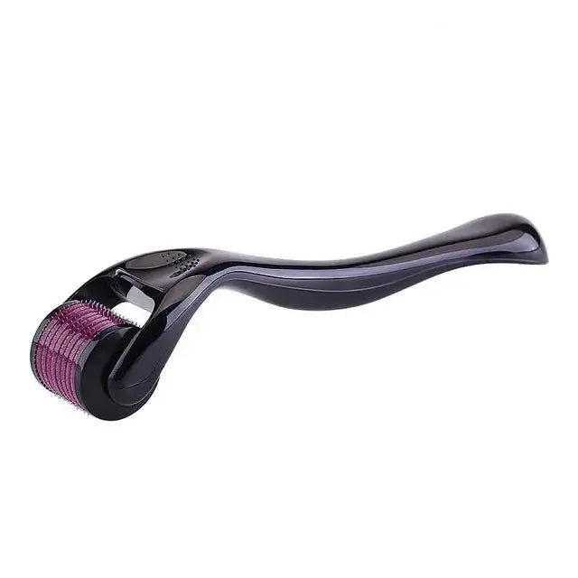 Derma roller with a curved black handle and purple microneedle roller head.