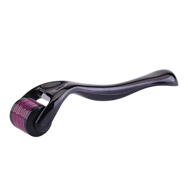 Derma roller with a curved black handle and purple needle wheel.