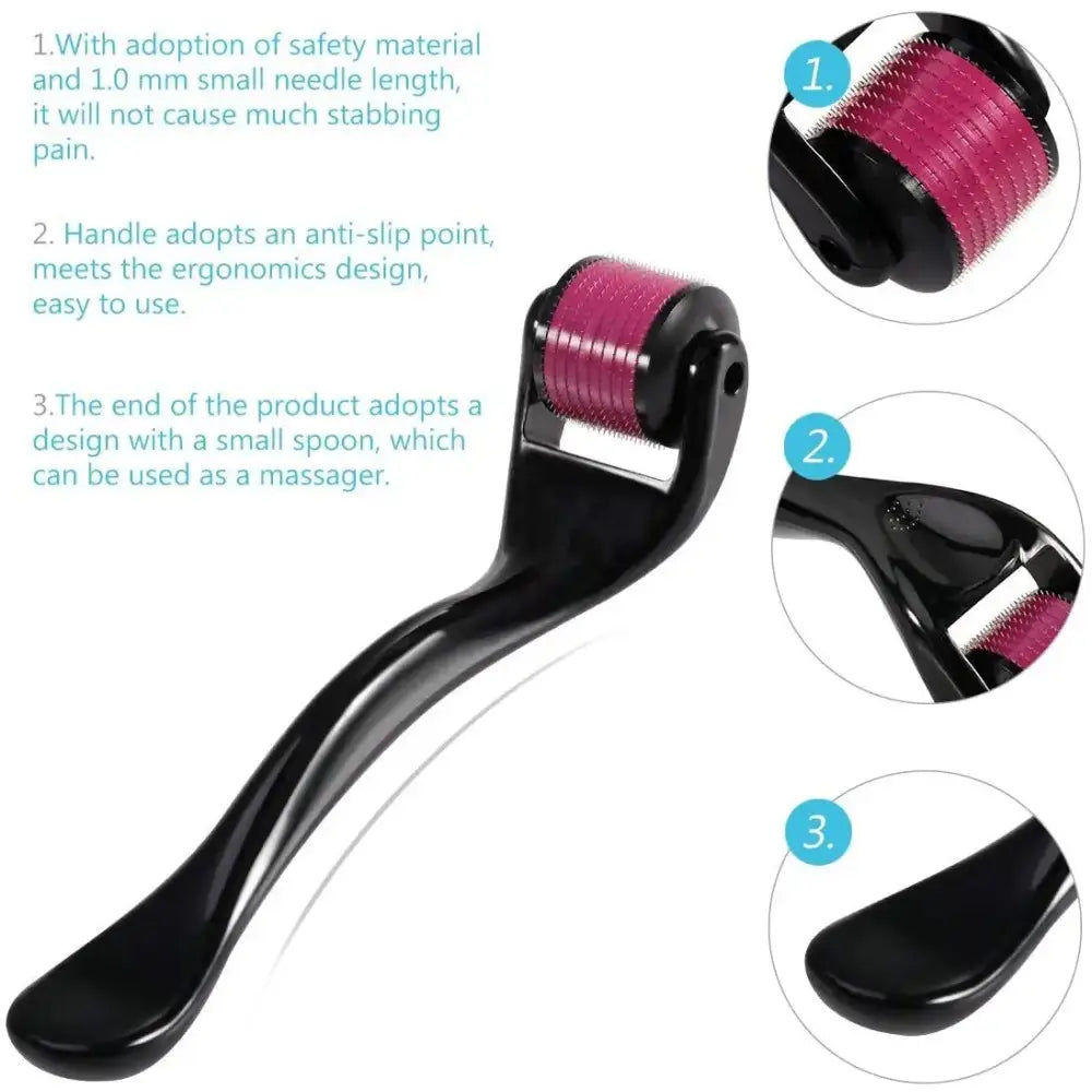 Handheld derma roller device with a black handle and pink needle roller head.