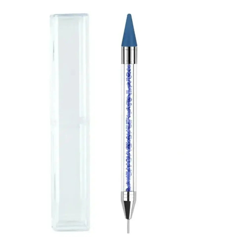 Blue and silver dual-ended nail art dotting tool with a clear plastic case.