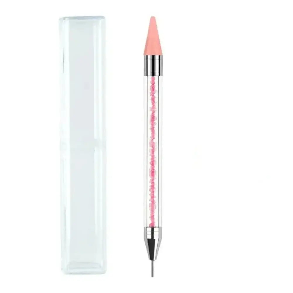 Double-ended nail art tool with a pink pointed tip and silver metallic body.