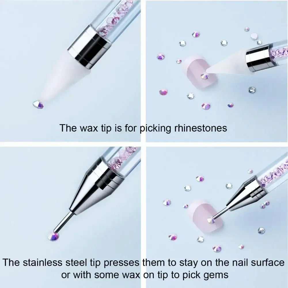 Dual-ended nail art tool with a wax tip for picking up rhinestones and a stainless steel tip for pressing them onto nails.