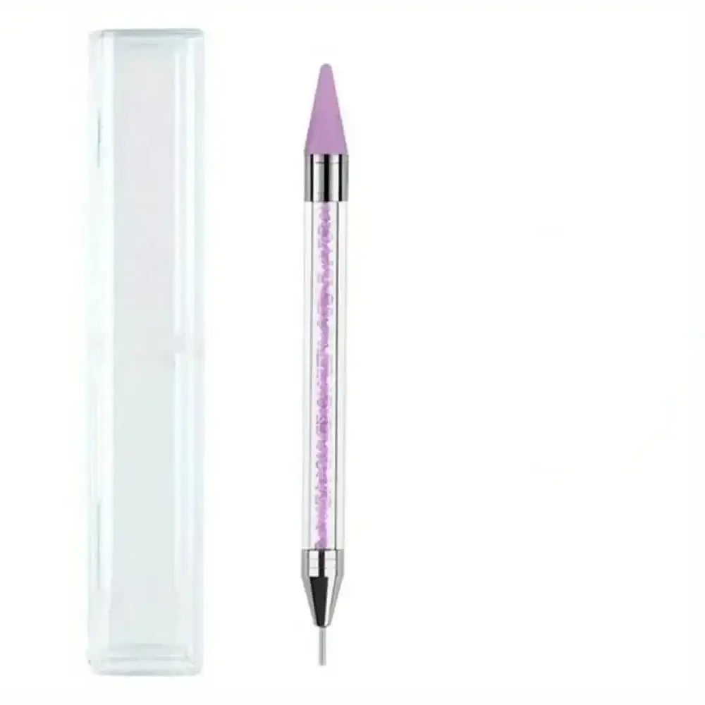 Lavender-colored dual-ended nail art tool with metallic accents and a clear plastic case.