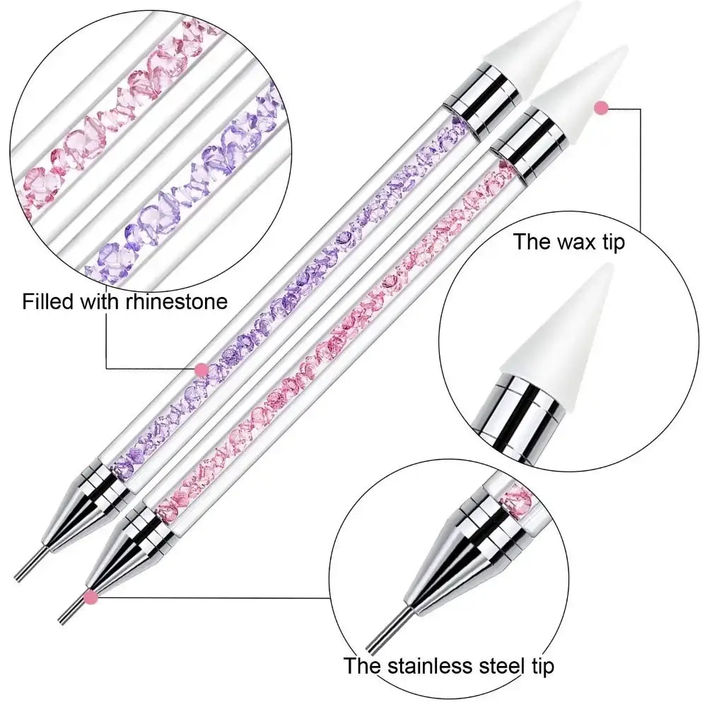 Rhinestone-filled nail art pens with stainless steel tips and wax grips.