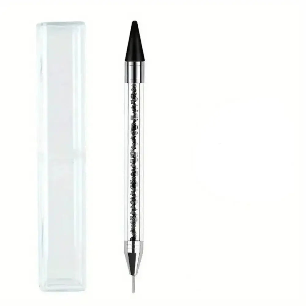 Sleek silver and black double-ended eyeliner pencil with a clear plastic case.