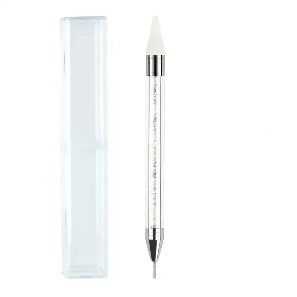 White and silver double-ended pencil or pen tool with a clear plastic case.