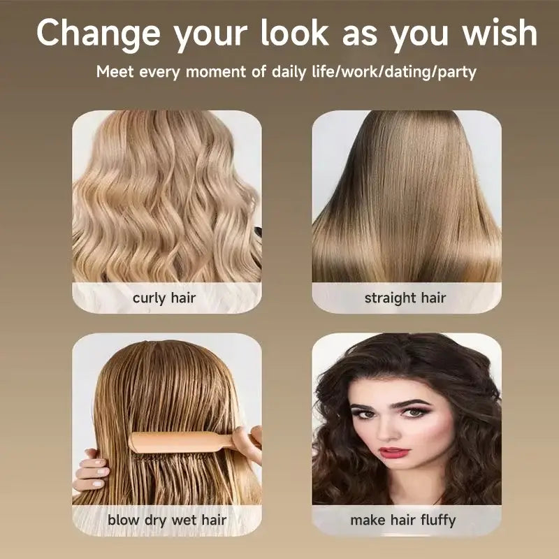 Collage of four hair styling images demonstrating different looks and techniques.