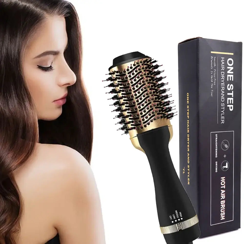 Hair styling brush with a cylindrical barrel and bristles.