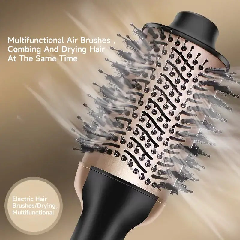 Cylindrical hair brush with bristles and a black handle, designed for multifunctional air brushing, combing, and drying.