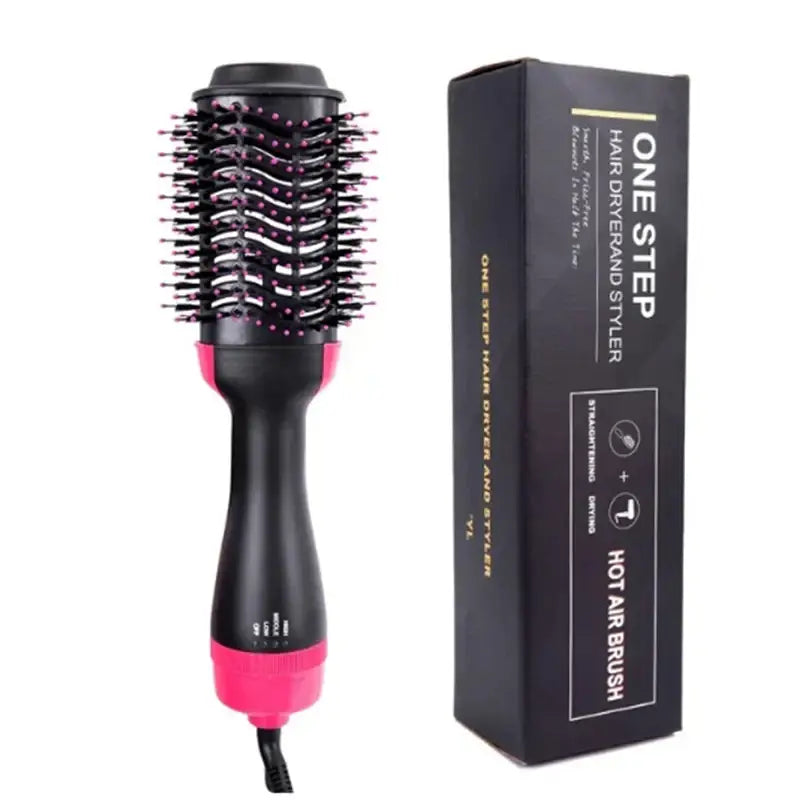 Hair dryer brush with a round barrel and pink accents.