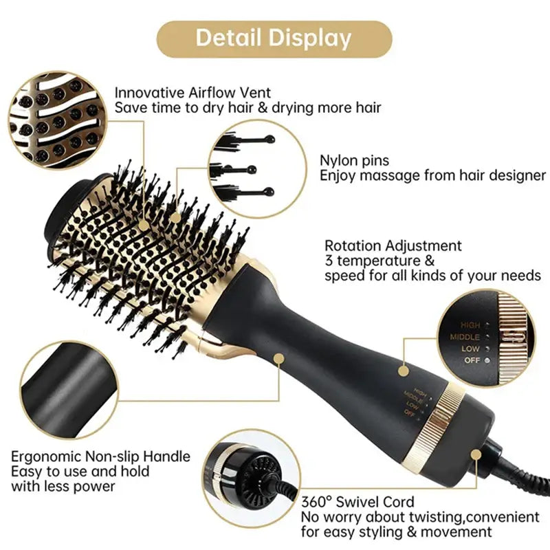 Hair dryer brush with multiple features and attachments for styling and drying hair.