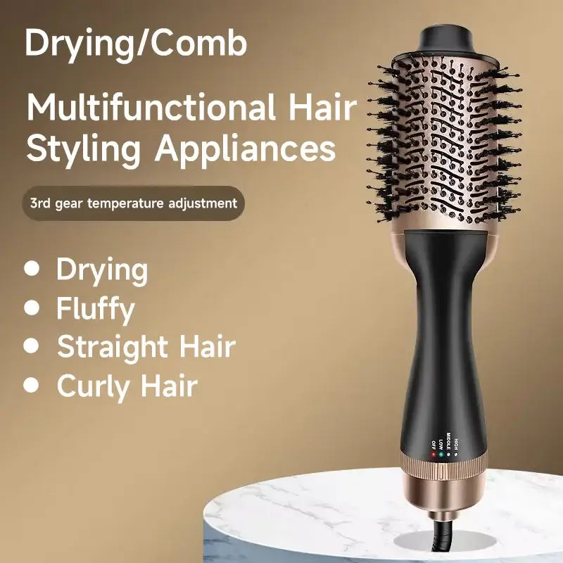 Multifunctional hair styling brush with a cylindrical barrel and multiple bristle rows for drying and styling different hair types.