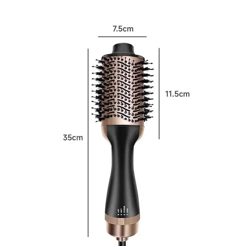 Round-barreled hair styling brush with bristles and a black handle.