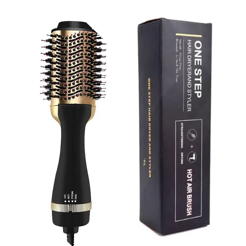 Hair styling tool combining a round brush and hair dryer in one device.