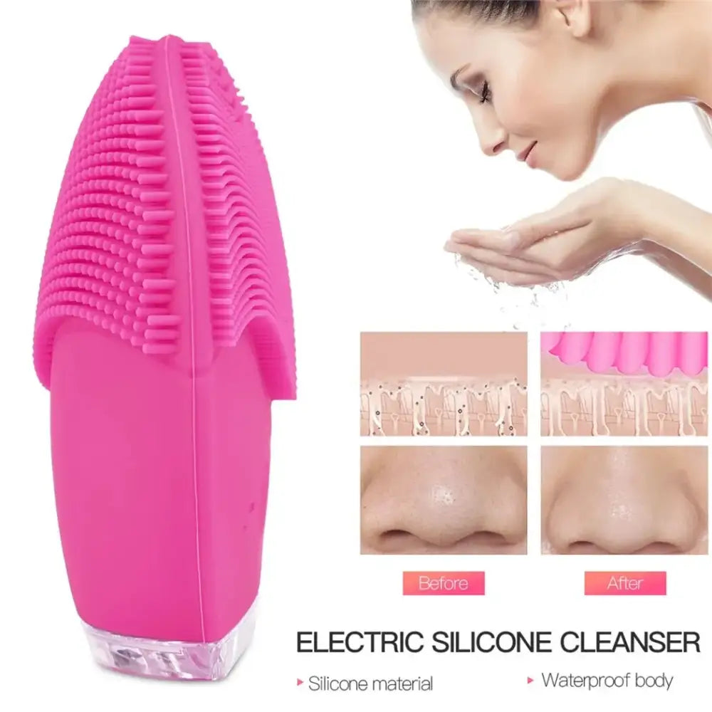 Bright pink silicone facial cleansing brush with textured bristles.