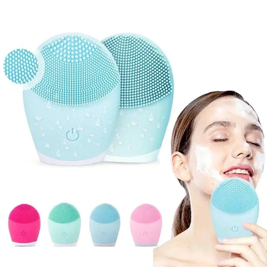 Facial cleansing brush with silicone bristles in a teardrop shape.