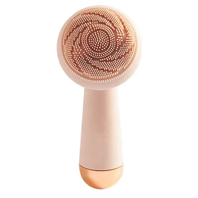 Facial cleansing brush with a circular bristled head and elongated handle.