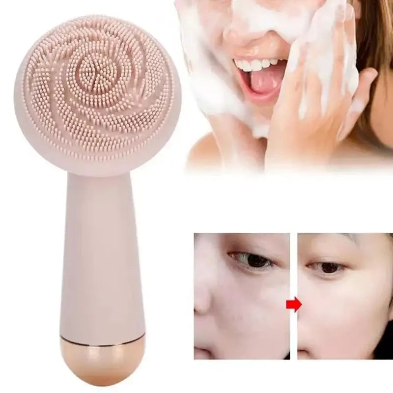 Handheld facial cleansing brush with a textured circular head and elongated handle.