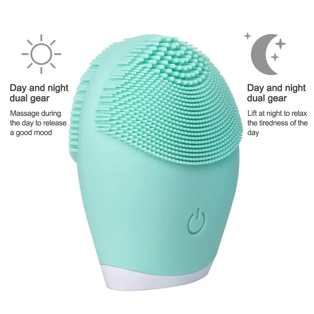 Mint green facial cleansing brush with textured silicone bristles and dual day/night functionality.