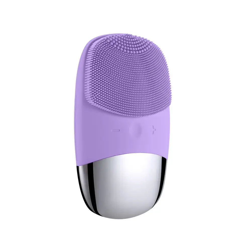 Purple and silver facial cleansing brush with silicone bristles.