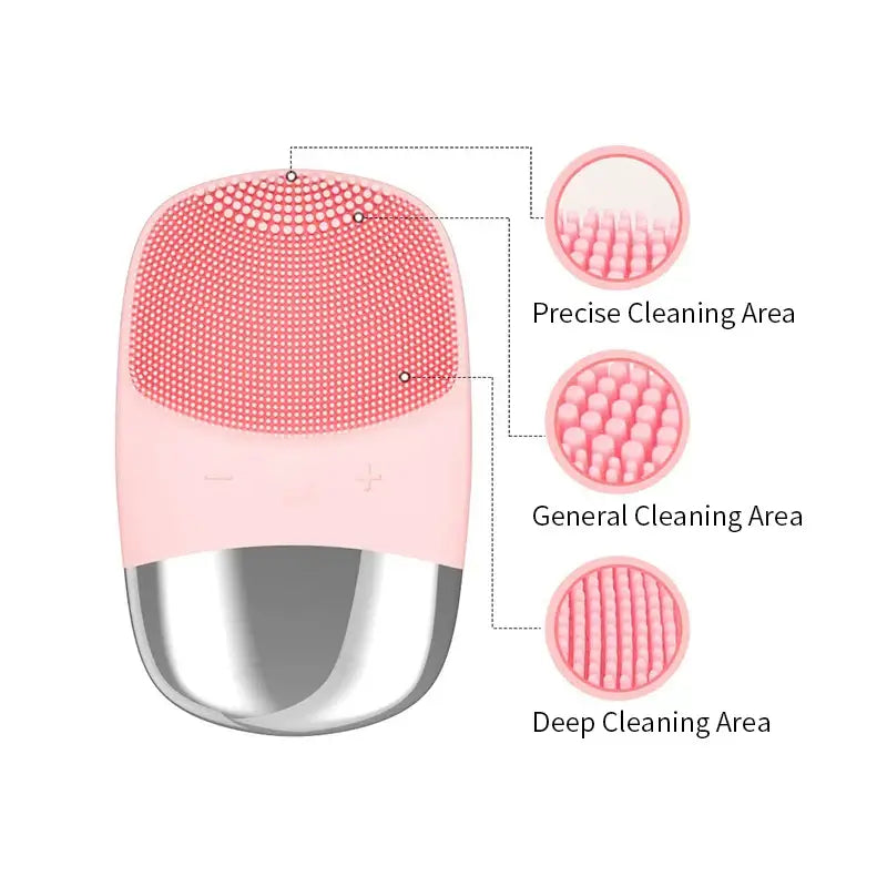 Pink and silver facial cleansing brush with different textured cleaning areas.