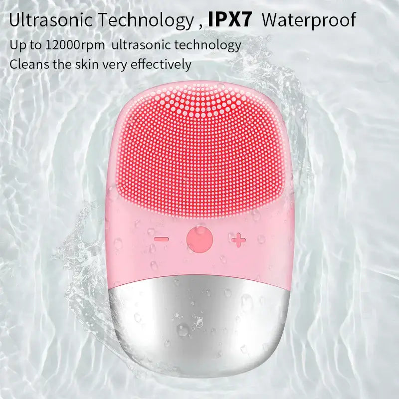 Pink and silver facial cleansing device with ultrasonic technology and waterproof capabilities.