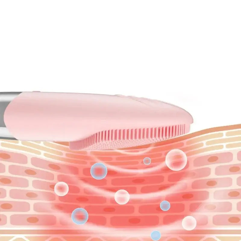 Silicone facial cleansing brush or exfoliating tool shown in cross-section against skin layers.