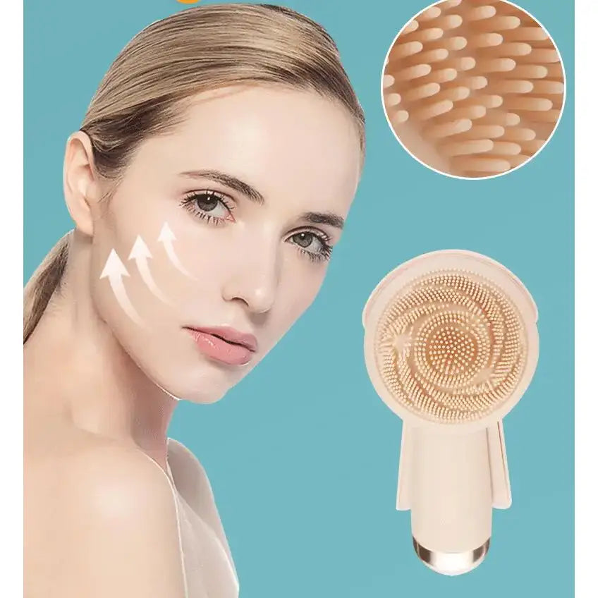 Woman with clear skin and arrows indicating facial treatment areas, alongside circular insets showing a close-up of skin texture and a facial cleansing brush.