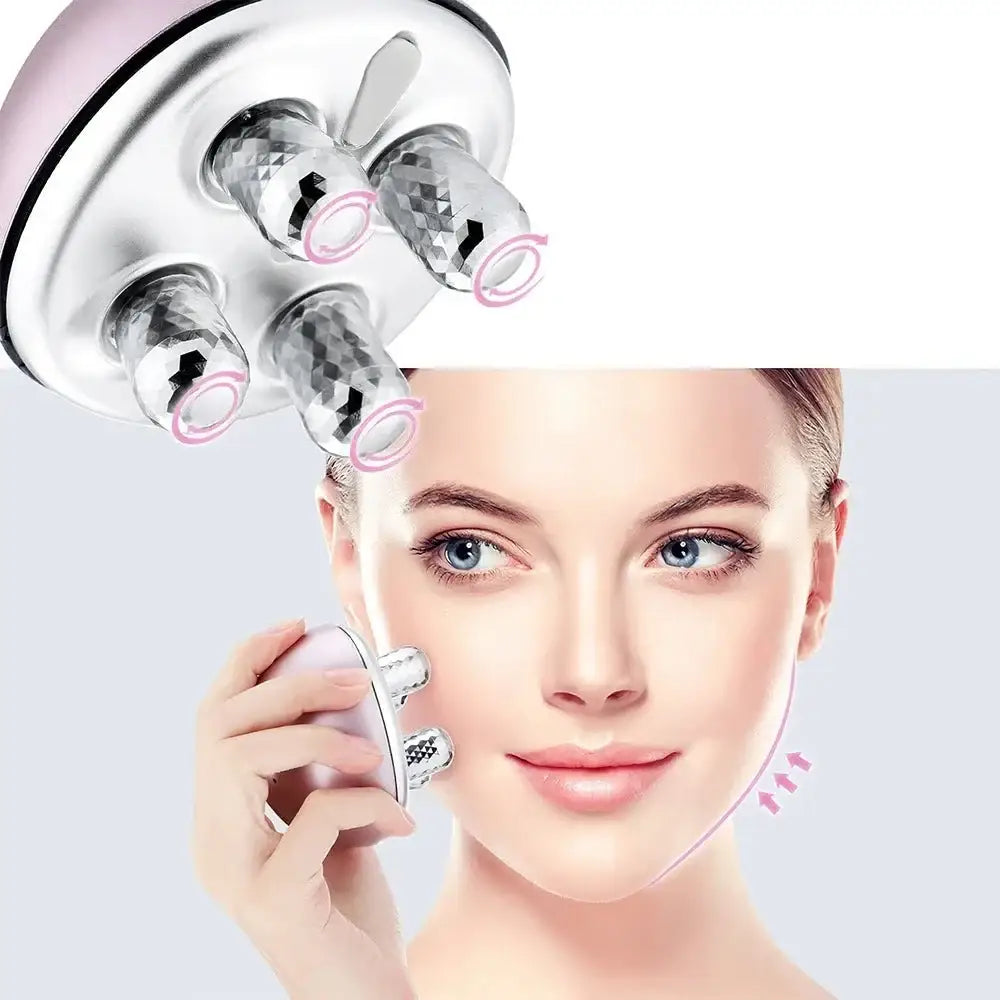 Facial microcurrent device with multiple roller heads for skincare treatment.