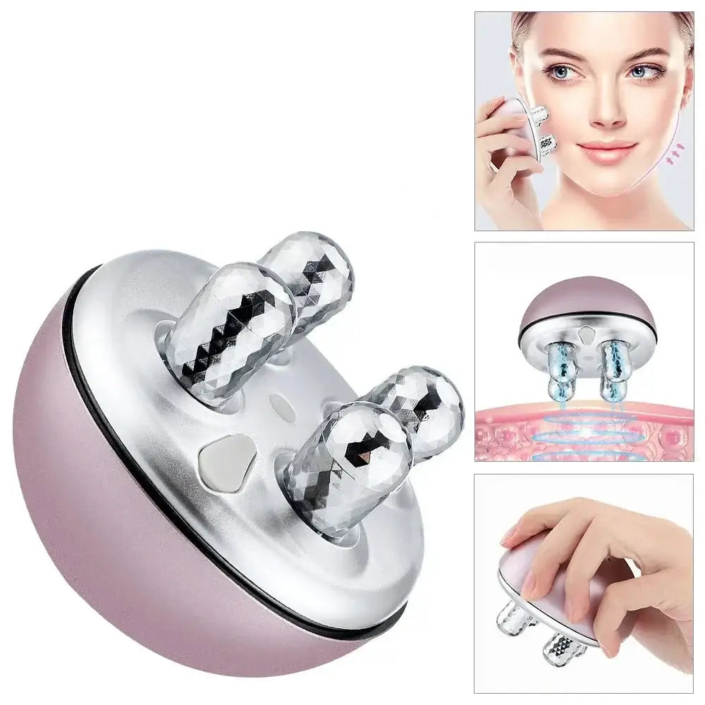 Pink and silver handheld facial massage device with two rotating metal balls.