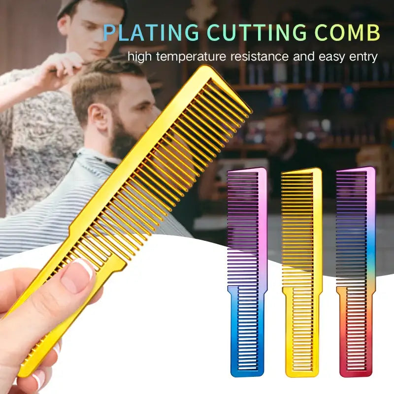 Colorful metal hair cutting combs with wide-spaced teeth.