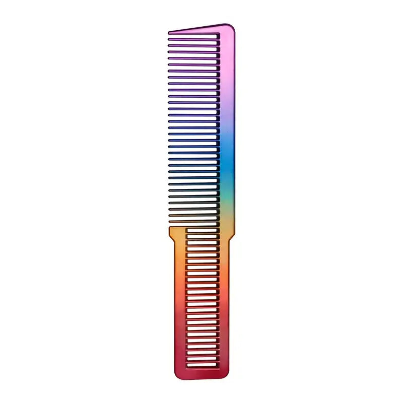 Colorful rainbow-gradient hair comb with fine teeth.