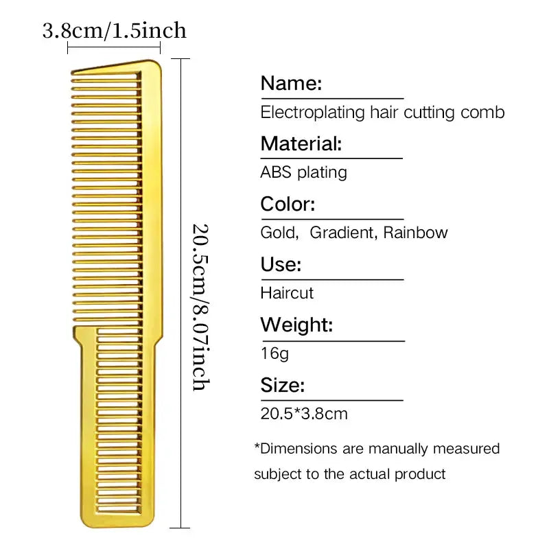 Gold-colored hair cutting comb with detailed specifications listed beside it.